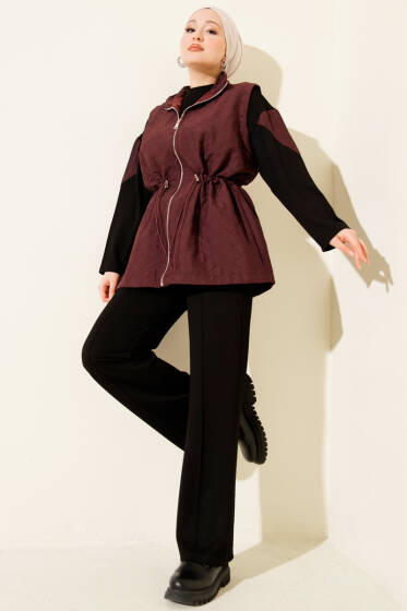 Kapitone Yelekli Fermuarlı Üçlü Takım Bordo - İkili Takım