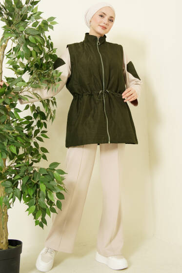 Kapitone Yelekli Fermuarlı Üçlü Takım Haki - İkili Takım