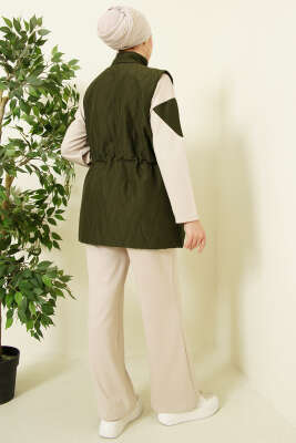 Kapitone Yelekli Fermuarlı Üçlü Takım Haki - İkili Takım