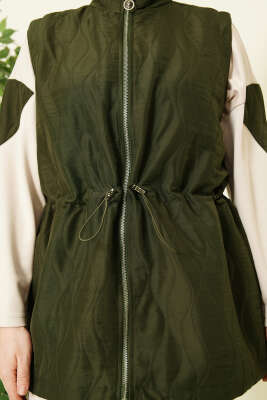 Kapitone Yelekli Fermuarlı Üçlü Takım Haki - İkili Takım