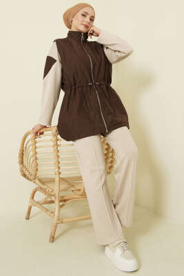 Kapitone Yelekli Fermuarlı Üçlü Takım Kahve - VAV TEKSTİL