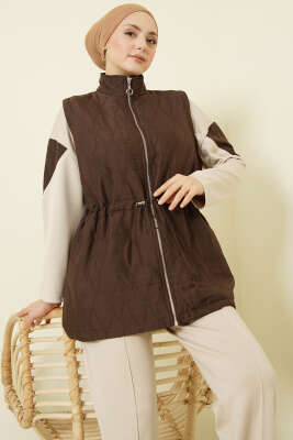 Kapitone Yelekli Fermuarlı Üçlü Takım Kahve - İkili Takım