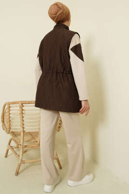 Kapitone Yelekli Fermuarlı Üçlü Takım Kahve - İkili Takım