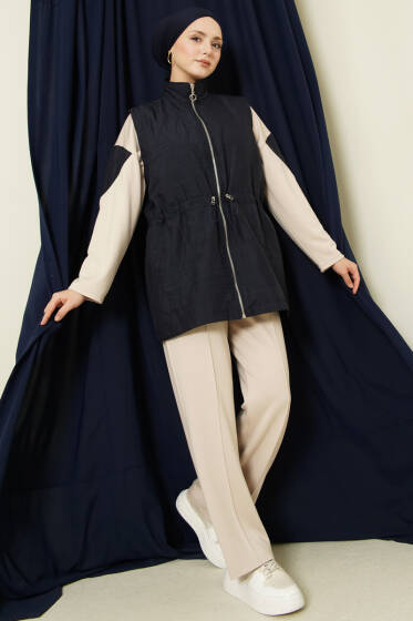 Kapitone Yelekli Fermuarlı Üçlü Takım Lacivert - İkili Takım