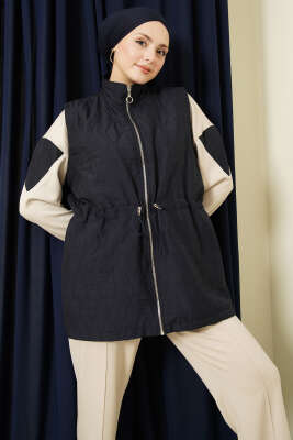 Kapitone Yelekli Fermuarlı Üçlü Takım Lacivert - İkili Takım