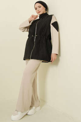 Kapitone Yelekli Fermuarlı Üçlü Takım Siyah - VAV TEKSTİL