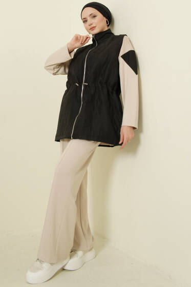 Kapitone Yelekli Fermuarlı Üçlü Takım Siyah - İkili Takım