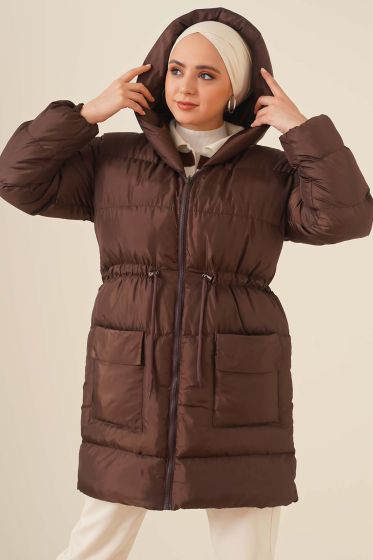 Kapşonlu Beli Büzgülü Şişme Mont Kahve - Mont