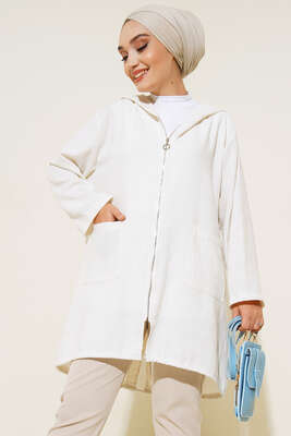 Kapşonlu Çift Cepli Keten Kap Ekru - Kap