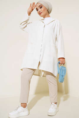 Kapşonlu Çift Cepli Keten Kap Ekru - Kap