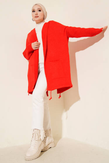 Kapşonlu Çift Cepli Triko Hırka Kırmızı - Hırka