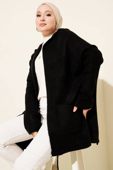 Kapşonlu Çift Cepli Triko Hırka Siyah - Hırka