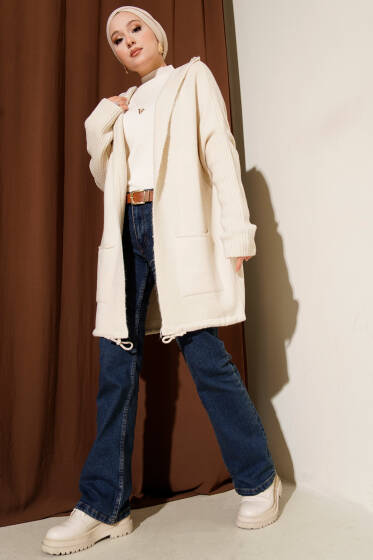 Kapşonlu Çift Cepli Triko Hırka Taş - Hırka