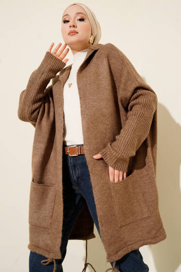 Kapşonlu Çift Cepli Triko Hırka Vizon - Hırka