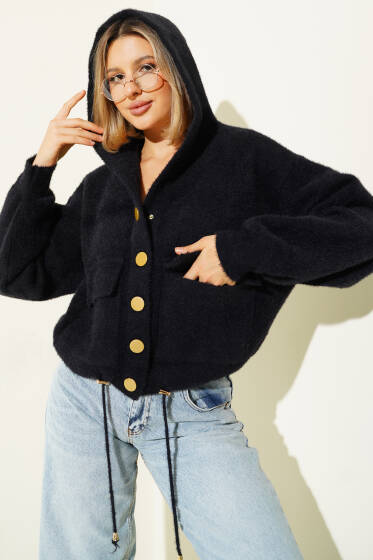 Kapşonlu Çıtçıtlı Cepli Hırka Siyah - Kadın Giyim Modelleri