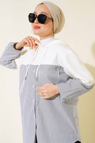 Kapşonlu Çizgili Tunik Ekru - Tunik