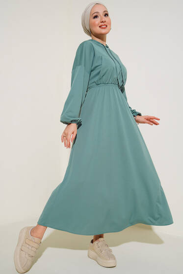 Kapşonlu Elbise Çağla Yeşili - Tesettür Elbise