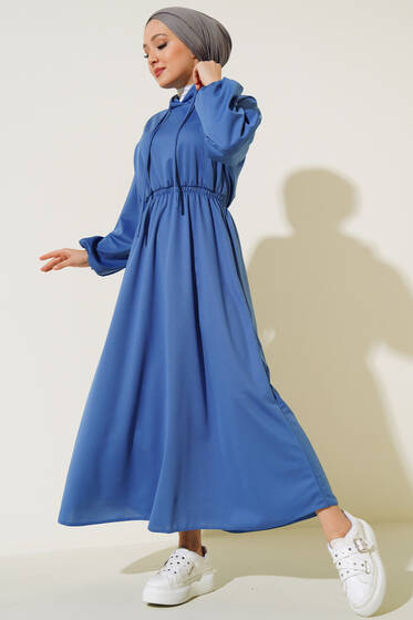 Kapşonlu Elbise İndigo - Tesettür Elbise