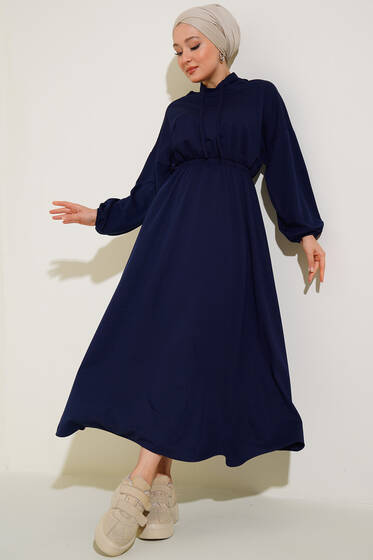 Kapşonlu Elbise Lacivert - Tesettür Elbise