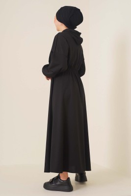 Kapşonlu Elbise Siyah - Thumbnail