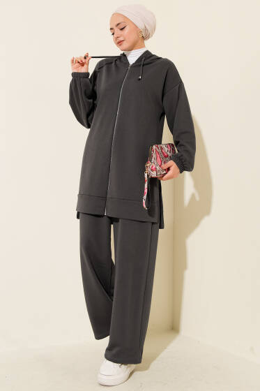 Kapşonlu Fermuar Detaylı İkili Takım Füme - İkili Takım