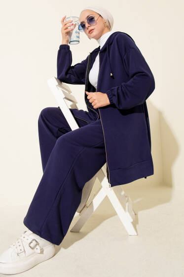Kapşonlu Fermuar Detaylı İkili Takım Lacivert - İkili Takım