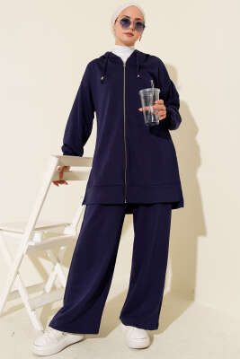 Kapşonlu Fermuar Detaylı İkili Takım Lacivert - İkili Takım