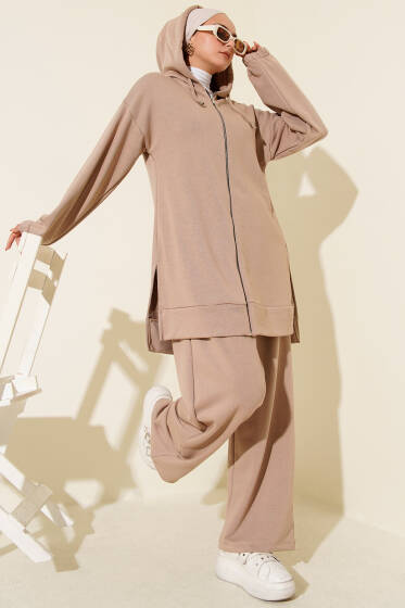 Kapşonlu Fermuar Detaylı İkili Takım Latte - İkili Takım