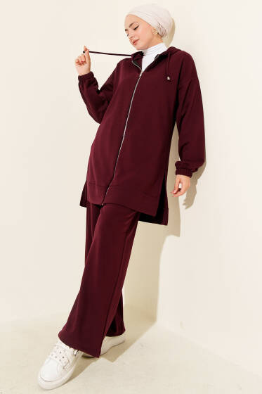 Kapşonlu Fermuar Detaylı İkili Takım Mürdüm - İkili Takım