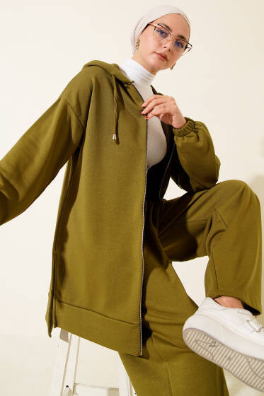 Kapşonlu Fermuar Detaylı İkili Takım Yağ Yeşili - İkili Takım