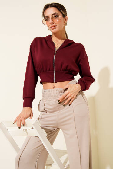 Kapşonlu Fermuarlı Kısa Hırka Bordo - Kadın Giyim Modelleri