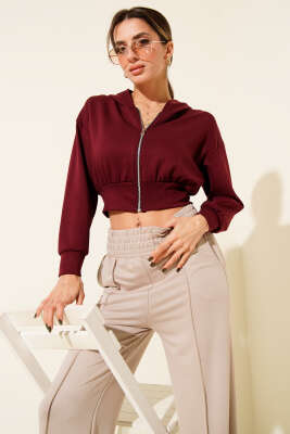 Kapşonlu Fermuarlı Kısa Hırka Bordo 