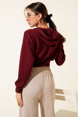 Kapşonlu Fermuarlı Kısa Hırka Bordo - Yılın Fırsatı