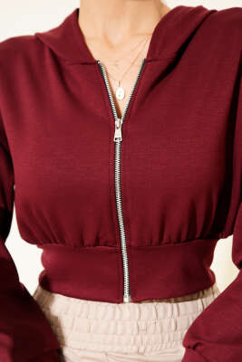 Kapşonlu Fermuarlı Kısa Hırka Bordo - Yılın Fırsatı