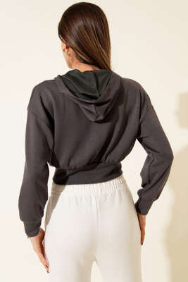 Kapşonlu Fermuarlı Kısa Hırka Füme - Yılın Fırsatı