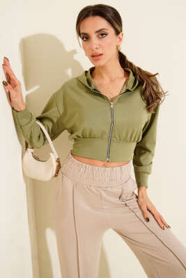 Kapşonlu Fermuarlı Kısa Hırka Haki - Yılın Fırsatı