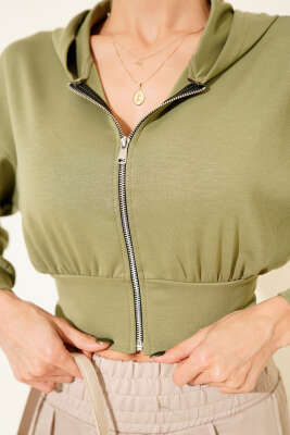 Kapşonlu Fermuarlı Kısa Hırka Haki - Yılın Fırsatı