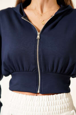 Kapşonlu Fermuarlı Kısa Hırka Lacivert - Yılın Fırsatı