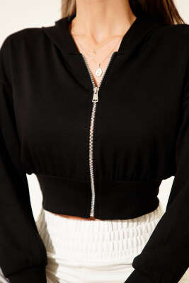 Kapşonlu Fermuarlı Kısa Hırka Siyah - Yılın Fırsatı