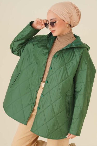 Kapşonlu Kapitone Mont Yeşil - Mont