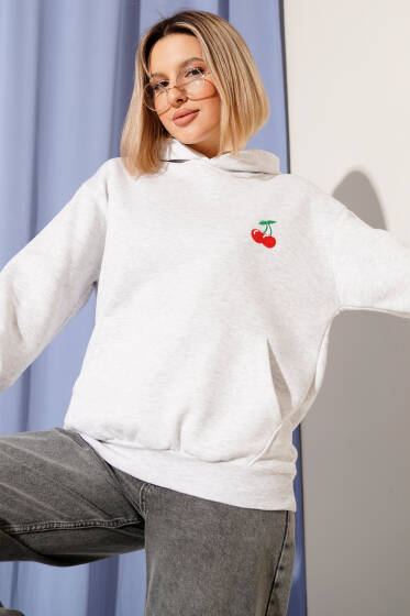 Kapşonlu Kiraz Baskılı Sweatshirt Gri - Kadın Giyim Modelleri