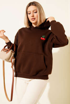 Kapşonlu Kiraz Baskılı Sweatshirt Kahve 