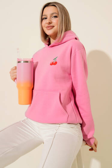 Kapşonlu Kiraz Baskılı Sweatshirt Pembe - Kadın Giyim Modelleri