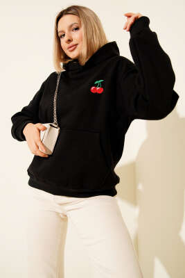 Kapşonlu Kiraz Baskılı Sweatshirt Siyah 