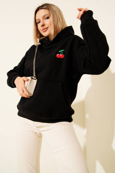 Kapşonlu Kiraz Baskılı Sweatshirt Siyah - Kadın Giyim Modelleri