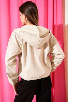 Kapşonlu Kısa Deri Ceket Bej - Kadın Giyim Modelleri