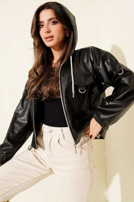 Kapşonlu Kısa Deri Ceket Siyah - TABLO FASHİON