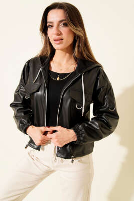 Kapşonlu Kısa Deri Ceket Siyah - Kadın Giyim Modelleri