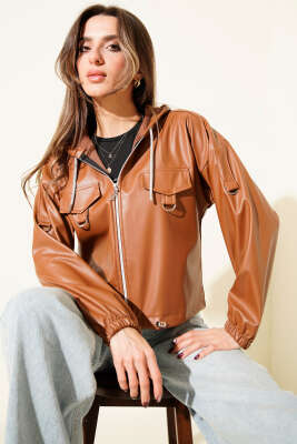 Kapşonlu Kısa Deri Ceket Taba - TABLO FASHİON