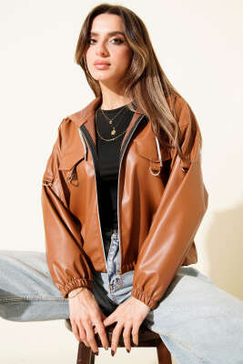 Kapşonlu Kısa Deri Ceket Taba - Kadın Giyim Modelleri